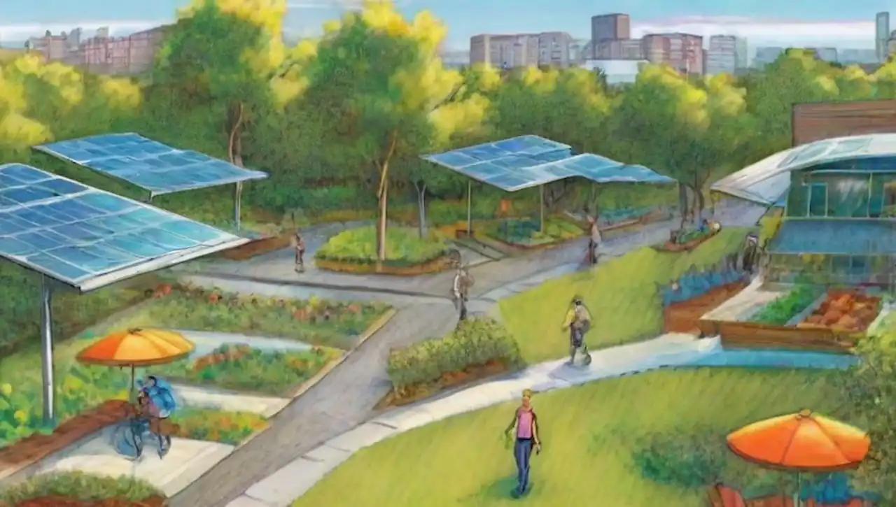 Una ciudad futurista sostenible con energía solar y espacios vibrantes.