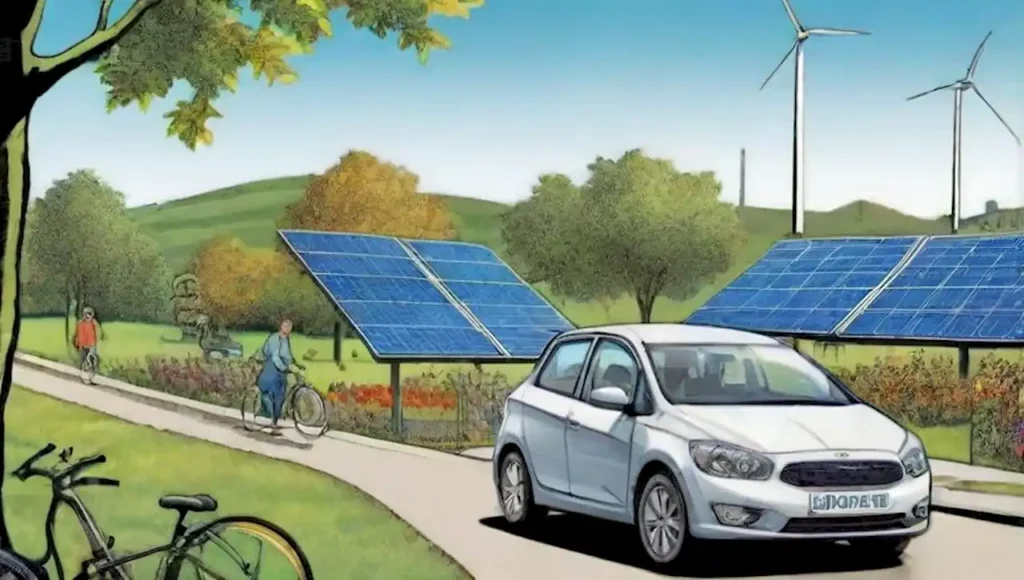 Una comunidad sostenible con energías renovables y naturaleza vibrante.