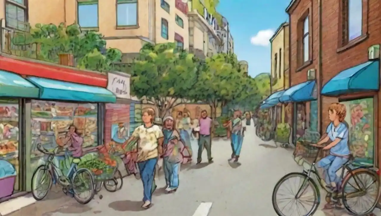 Una ciudad vibrante y sostenible con edificios ecológicos, jardines comunitarios y gente feliz.