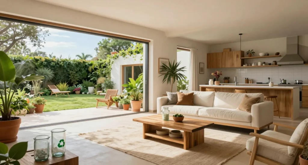 Salón moderno sostenible con diseño biofílico, muebles de madera natural, plantas de interior y grandes ventanales que conectan con jardín exterior lleno de vegetación, iluminado con luz natural
