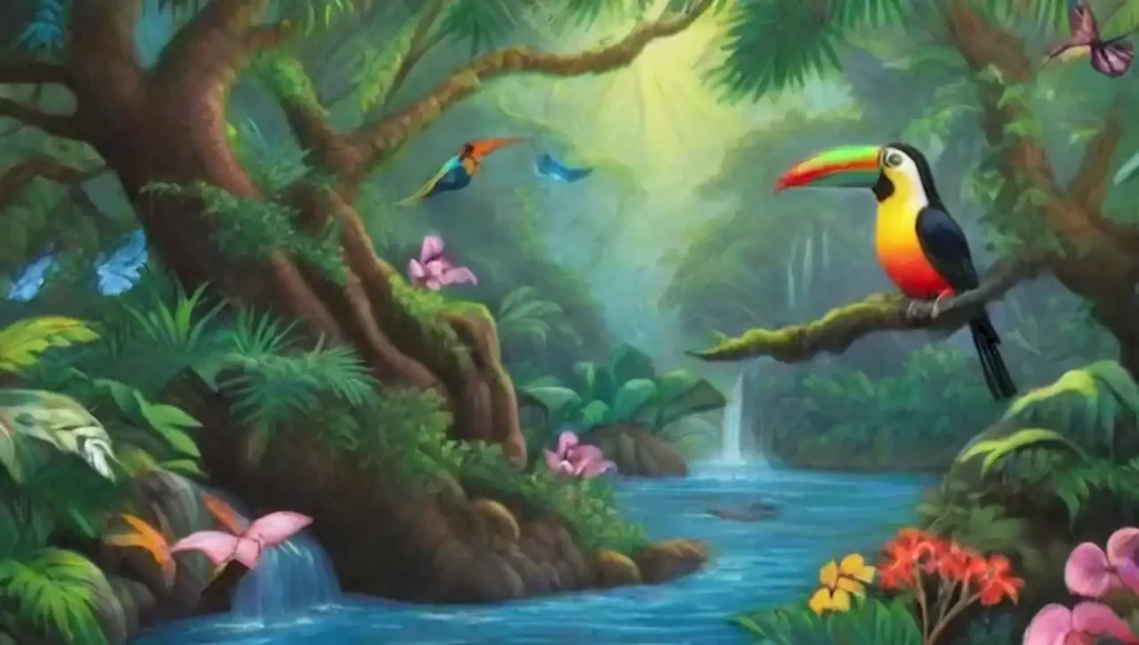Selva vibrante llena de fauna y flora exótica.