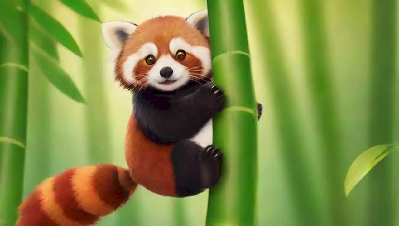 Panda rojo juega en un bosque de bambú con un ambiente sereno.