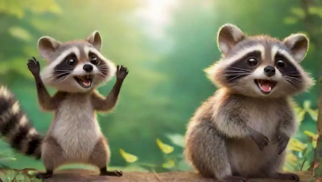 Animales similares a mapaches juegan en un bosque vibrante con expresiones adorables y luz suave.