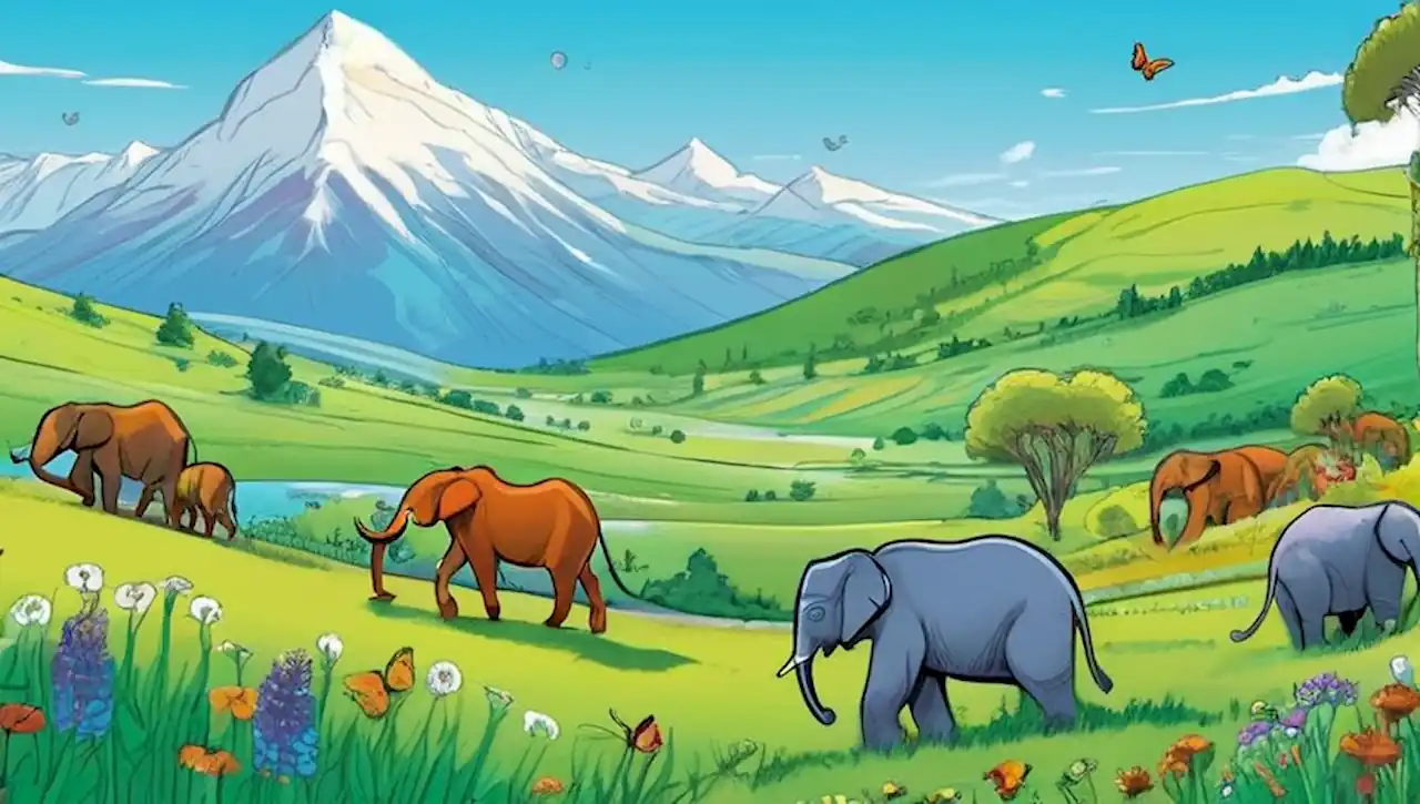 Un paisaje pacífico con praderas verdes, animales herbívoros y montañas lejanas.