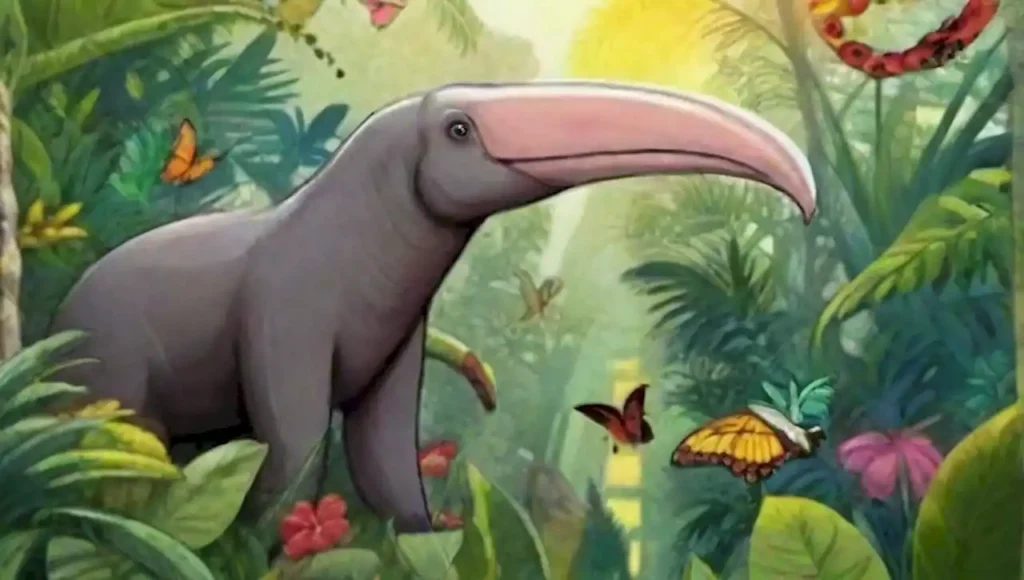 Animales similares a osos hormigueros en una vibrante selva tropical llena de flores y criaturas juguetonas.