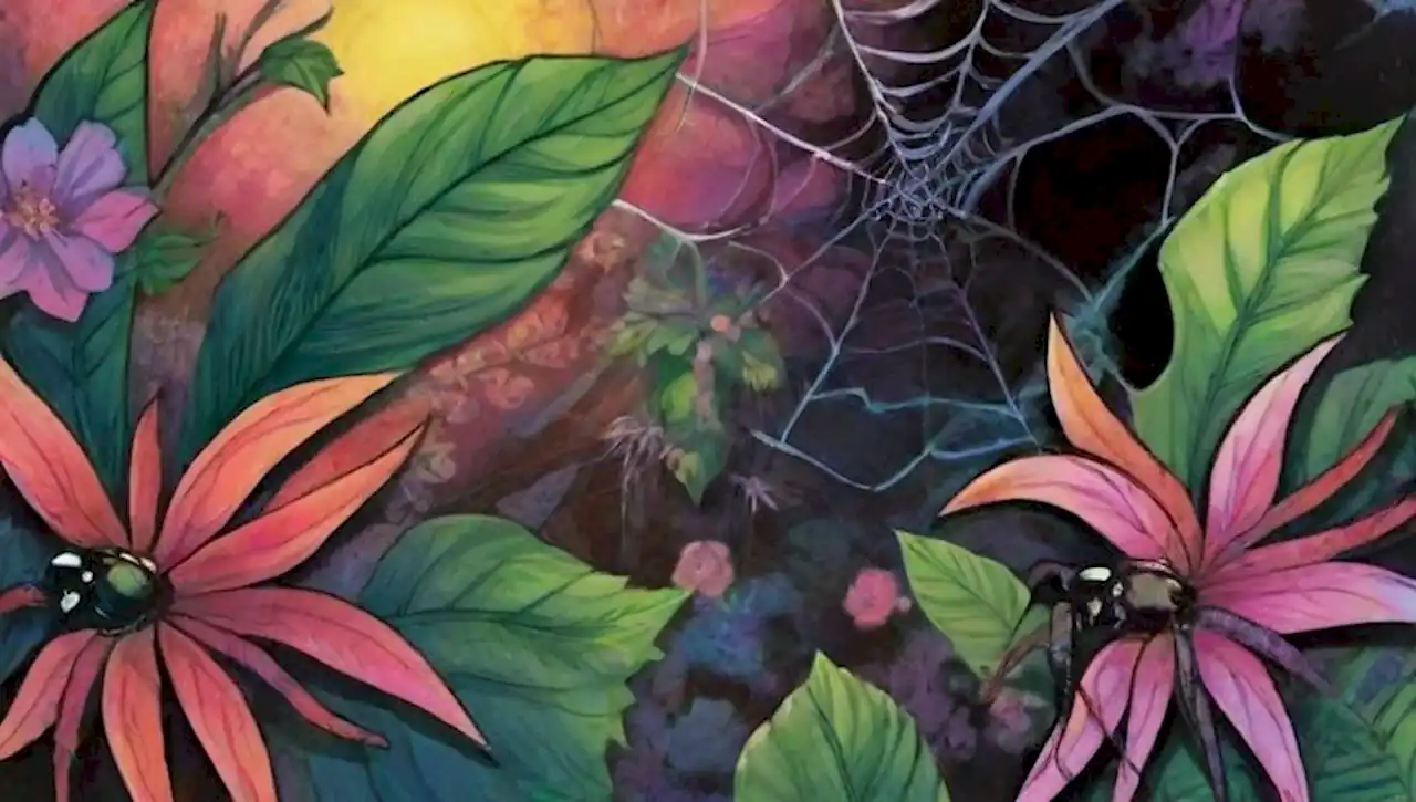 Una colorida telaraña en un bosque vibrante con arañas, insectos, flores y un suave filtro de luz.