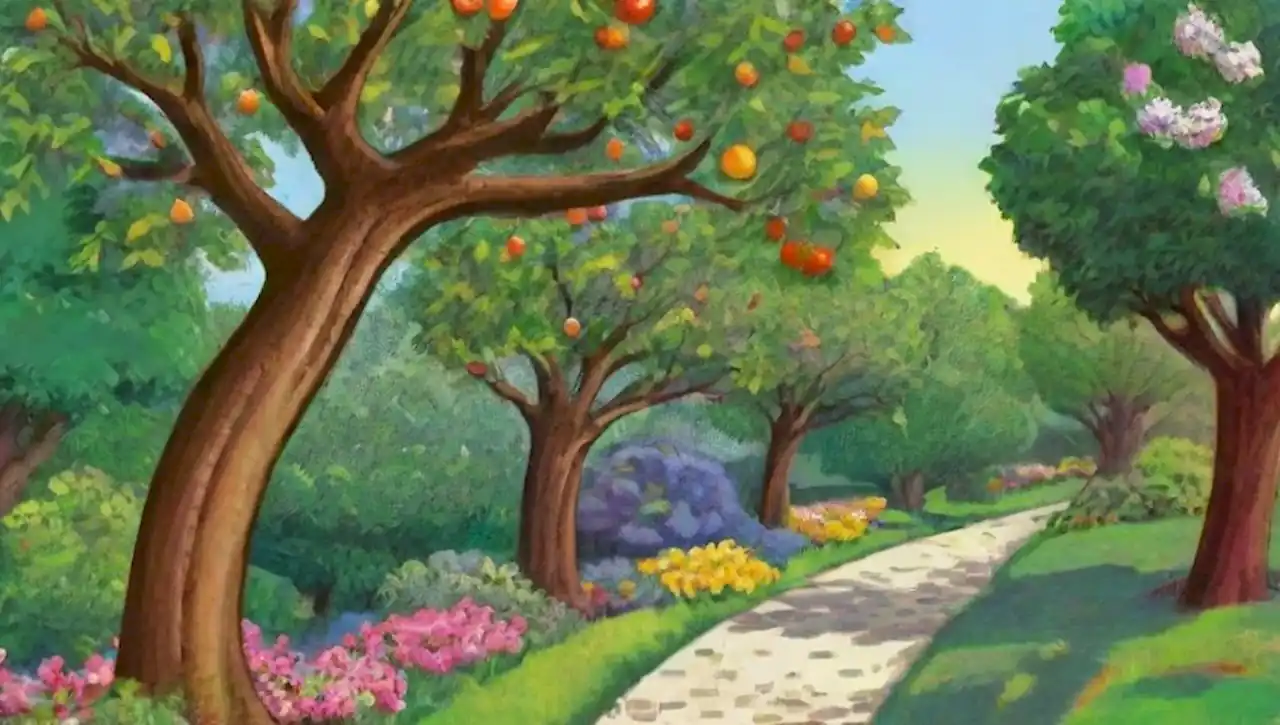 Un jardín sereno lleno de árboles frutales y ornamentales, flores coloridas y vida silvestre.