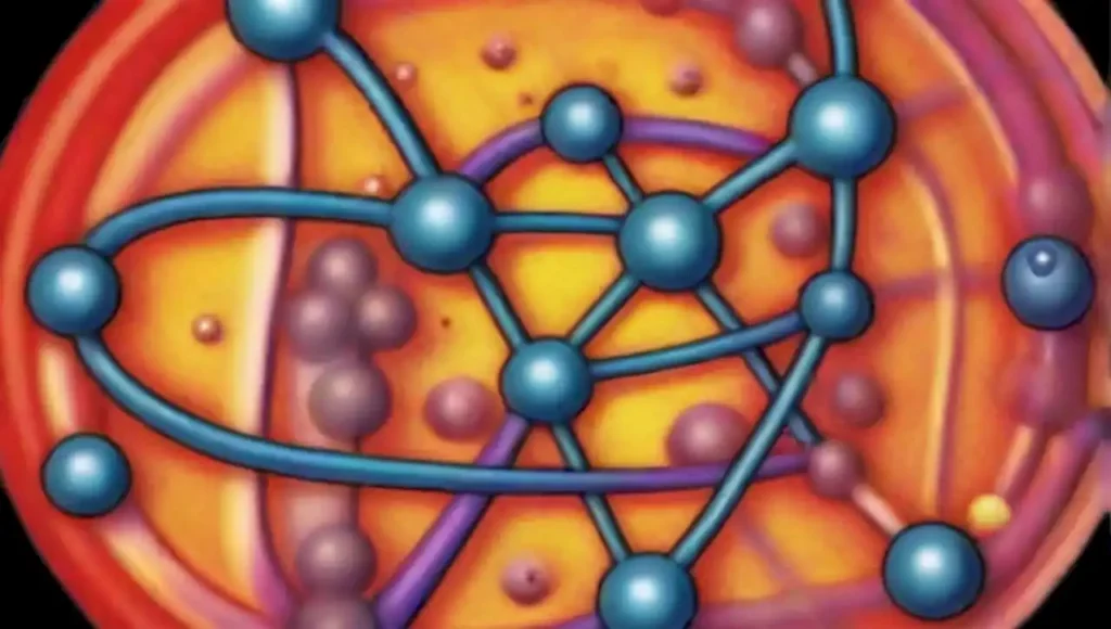 Estructura atómica y molecular con colores vibrantes y representación educativa.