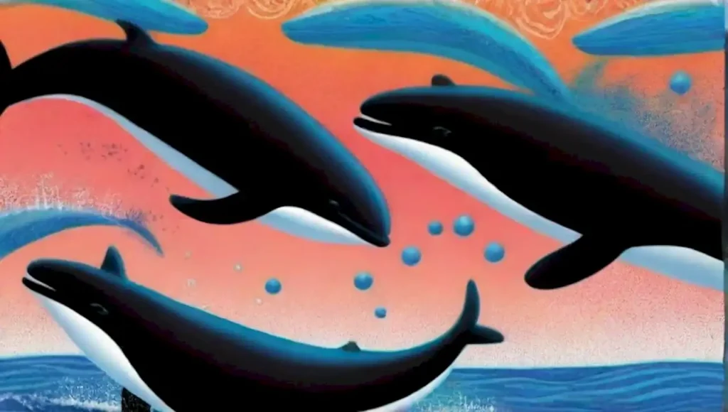 Siluetas de ballenas en un océano sereno y vibrante