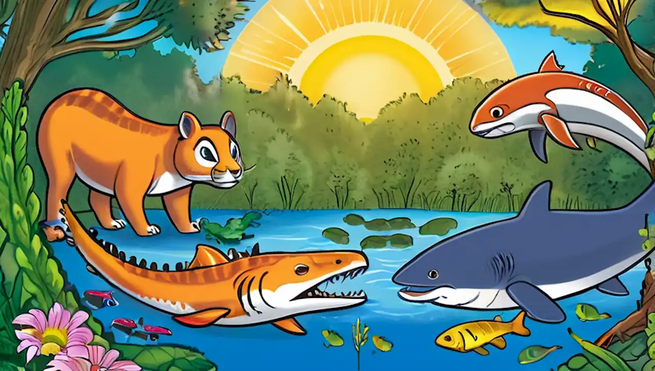 Ilustración educativa de una cadena alimentaria vibrante con plantas, animales y ecosistemas interconectados.
