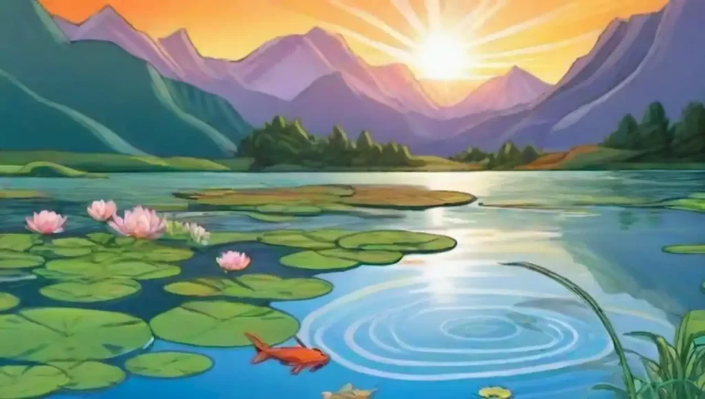 Un lago sereno al amanecer con plantas acuáticas