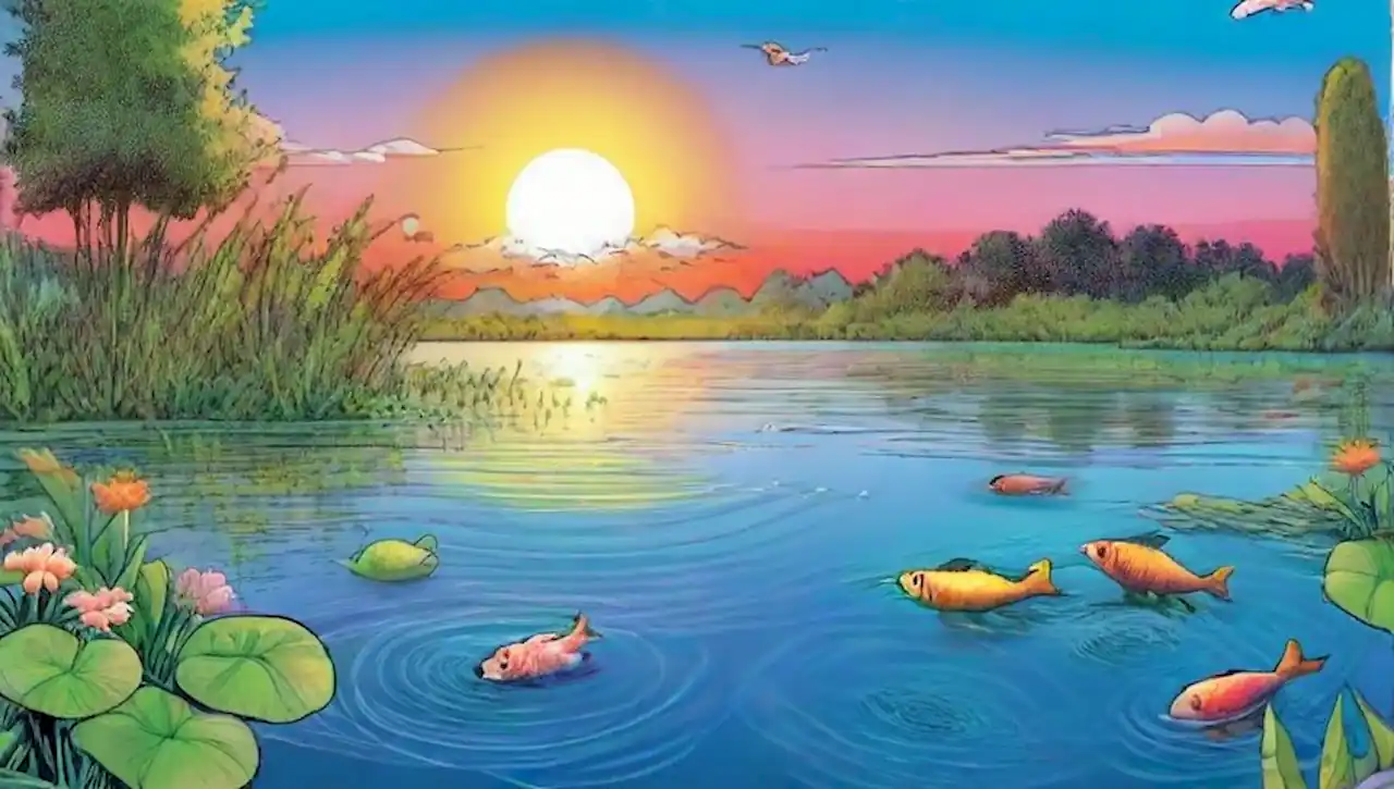 Escena tranquila de un lago rodeado de naturaleza, peces coloridos y un hermoso atardecer.