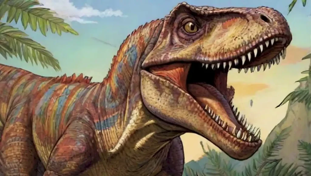 Dinosaurios variados en un vibrante entorno prehistórico.