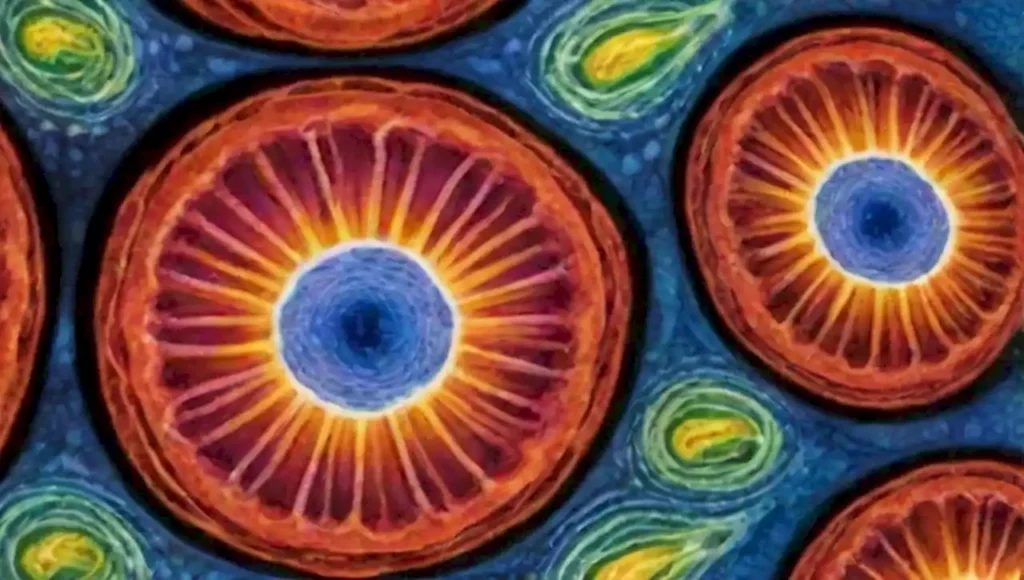 Ilustración científica vibrante de la división celular y estructuras microscópicas.