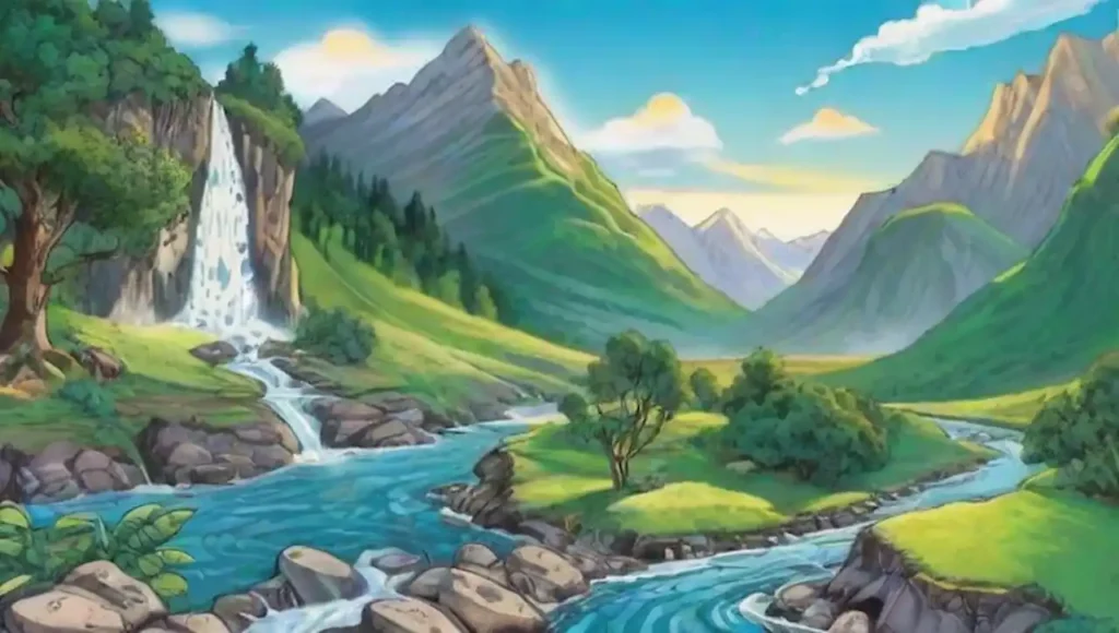 Un paisaje montañoso sereno con un río