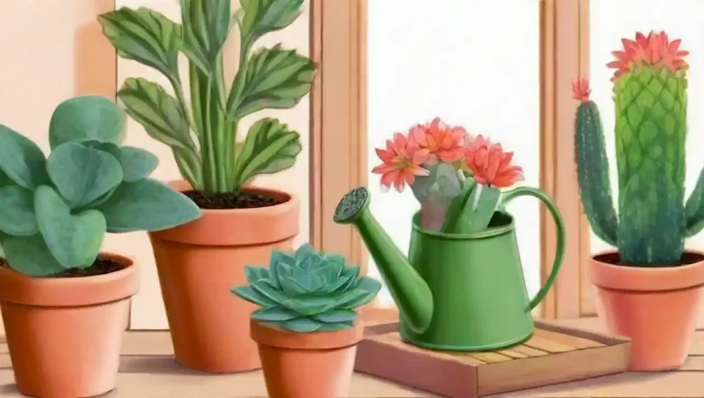 Un rincón sereno de plantas verdes y flores vibrantes en un ambiente acogedor.