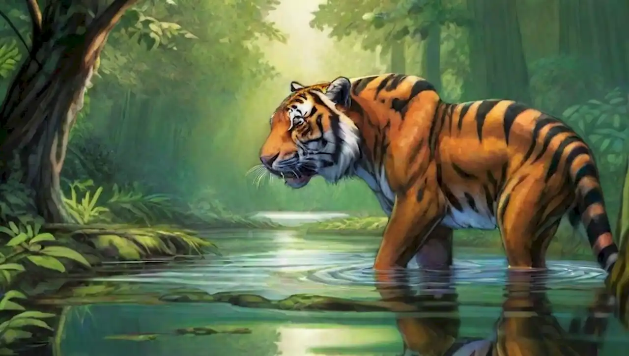 Escena silvestre de un depredador en un bosque verde, reflejando un ecosistema vibrante y equilibrado.