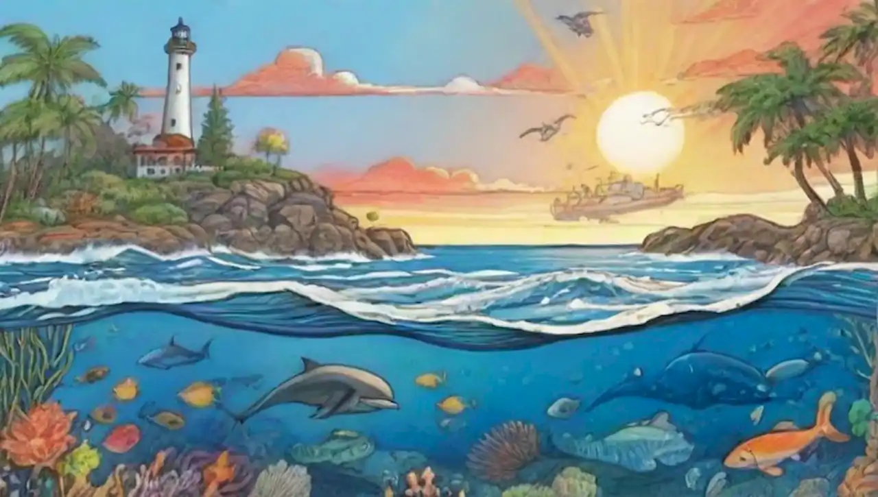 Un paisaje marino vibrante con olas, corales, vida marina y un atardecer reflejante.
