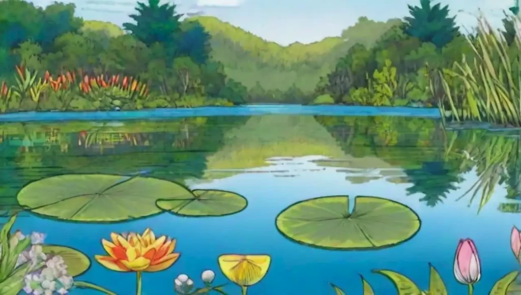 Un lago sereno rodeado de vida acuática y naturaleza vibrante.