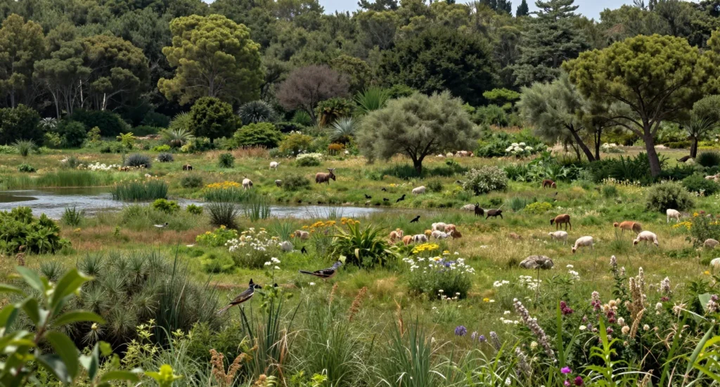 Paisaje natural con laguna, bosque y fauna variada pastando entre flores silvestres