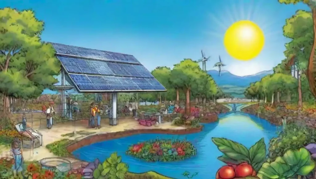 Un mundo sostenible con naturaleza vibrante y energías renovables.