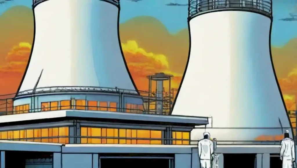 Planta nuclear futurista con innovación ecológica y energía limpia.