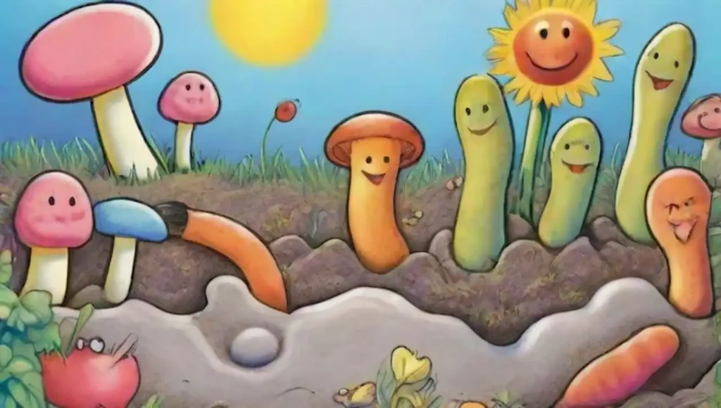 Gusanos de dibujos animados coloridos juegan en un jardín lleno de flores