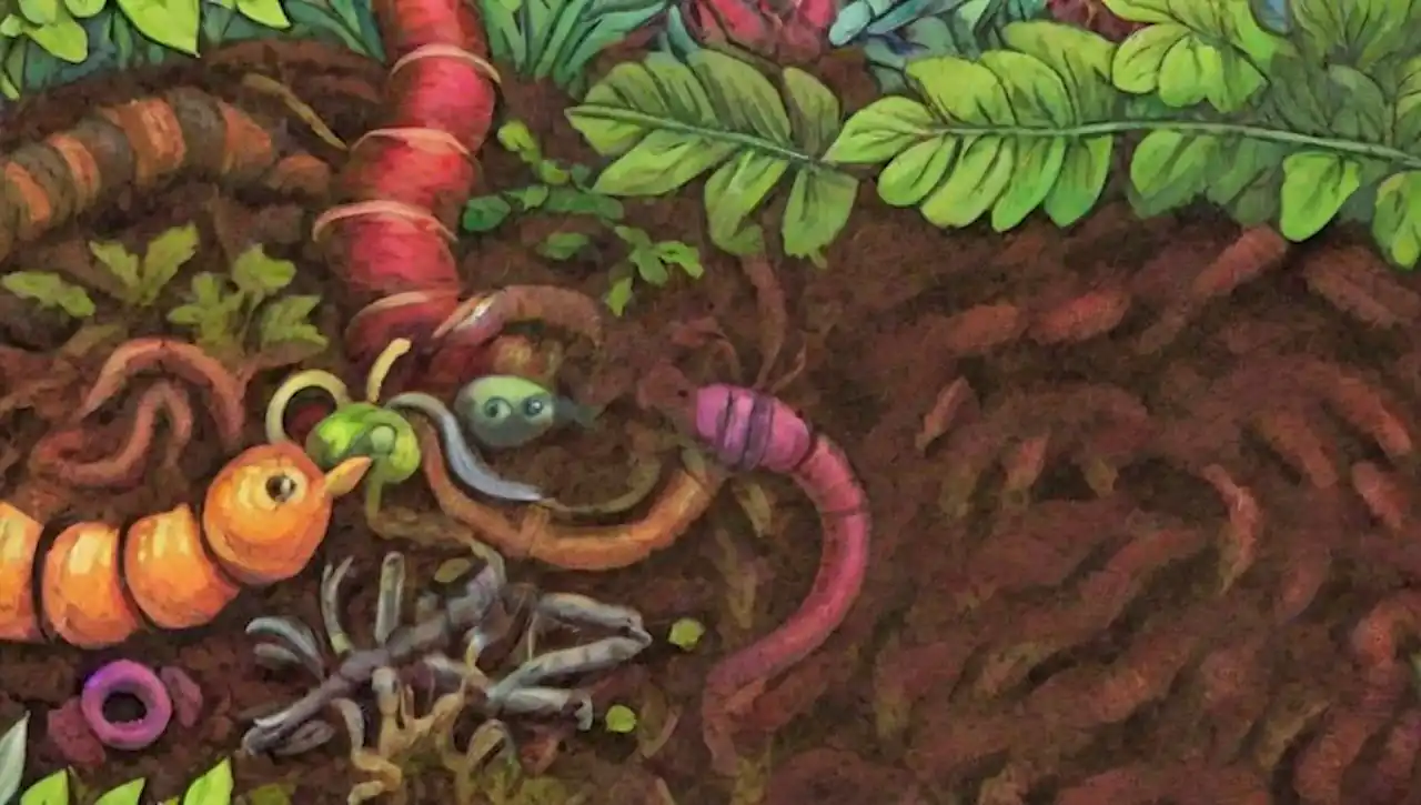 Gusanos coloridos y un jardín vibrante con plantas, flores y un personaje caricaturesco en un fondo de compost.