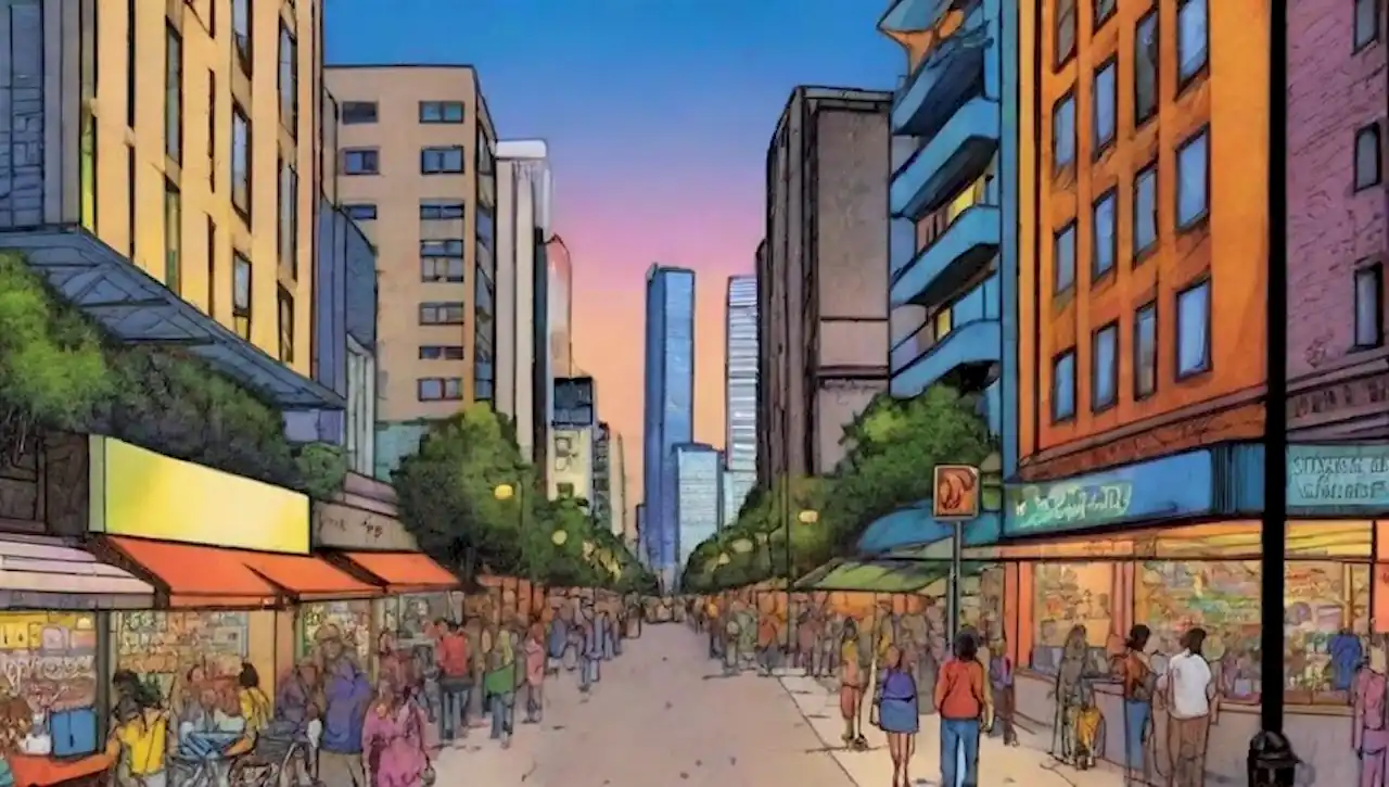 Una ciudad vibrante y diversa al atardecer, llena de vida.