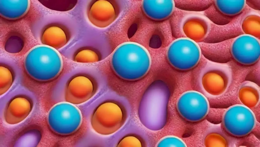 Ribosomas coloridos sintetizan proteínas en un entorno celular dinámico.