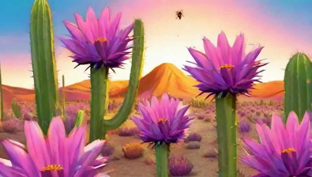 Cactus garambullo florece con flores rosadas y moradas bajo un atardecer dorado