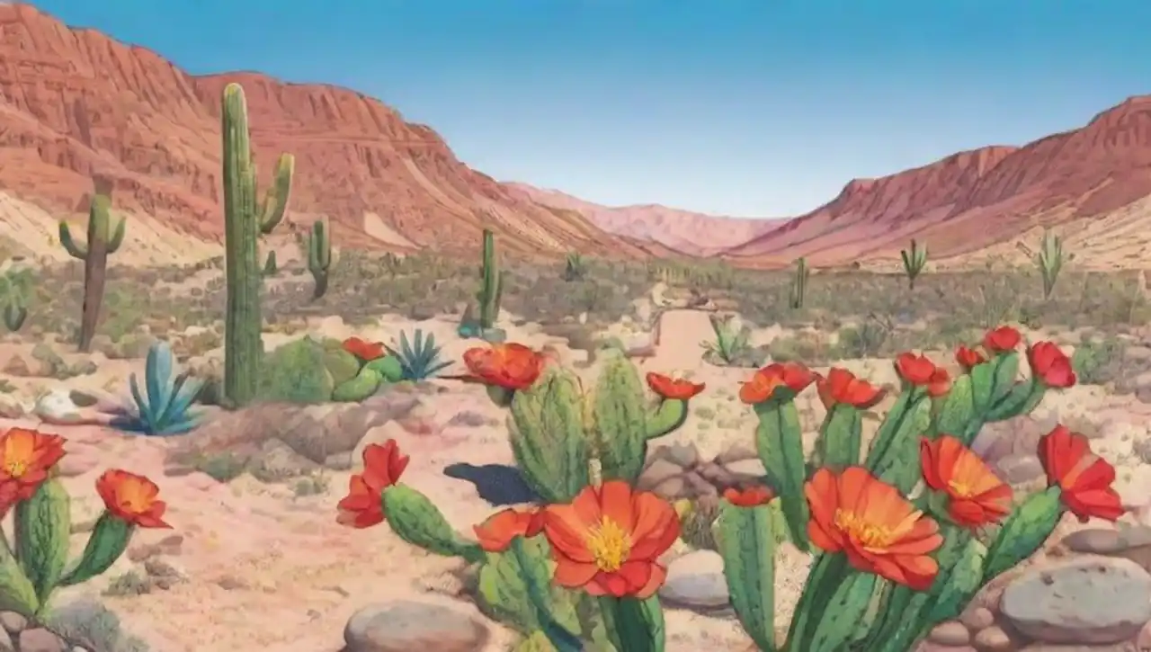 Paisaje desértico con flores vibrantes, cactus y agricultores locales.