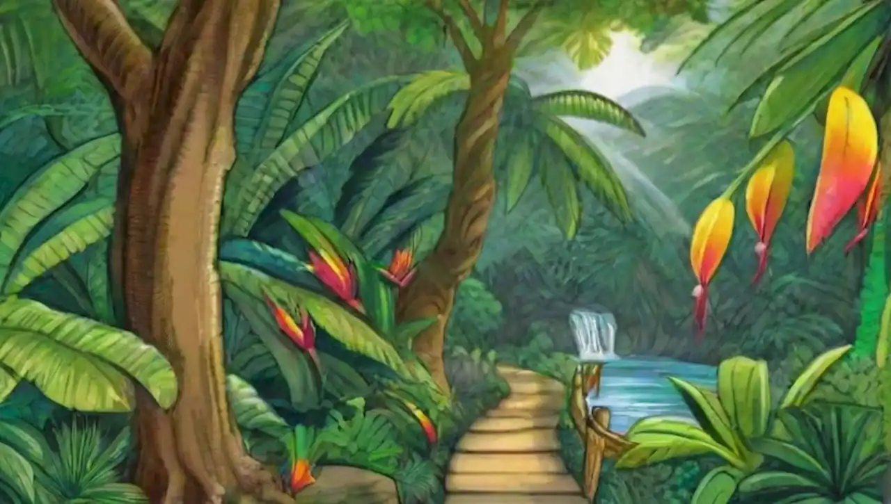 Selva exuberante llena de frutas, flores tropicales y fauna vibrante.