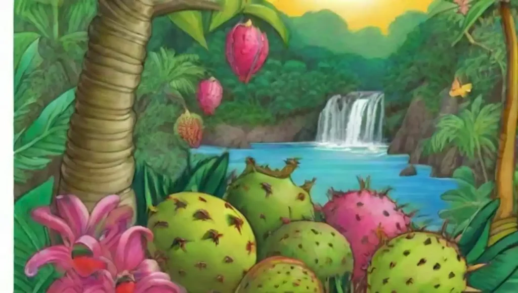 Un exuberante paisaje tropical lleno de frutas exóticas y naturaleza vibrante.