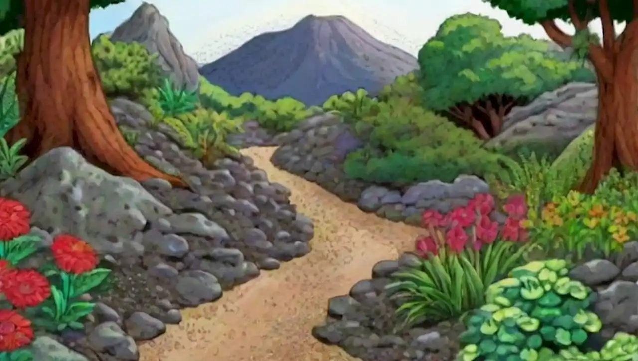 Un oasis de paisaje volcánico con plantas verdes y flores vibrantes en equilibrio armónico.