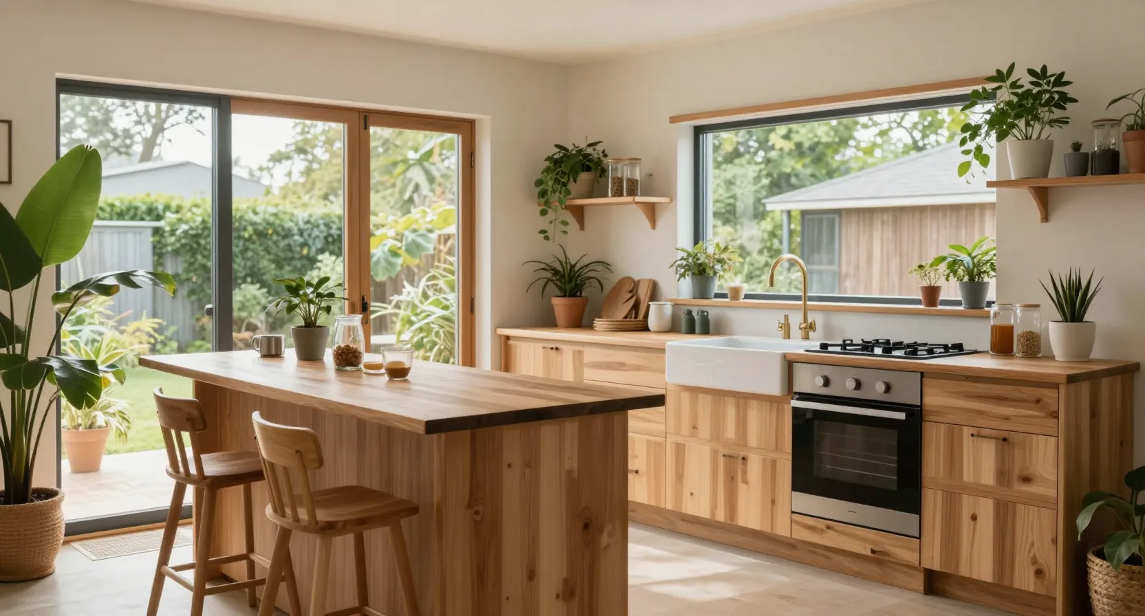 Cocina de un hogar sostenible con muebles de madera y luz natural