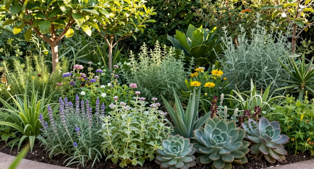 Jardín mediterráneo resiliente con suculentas, aromáticas y flores