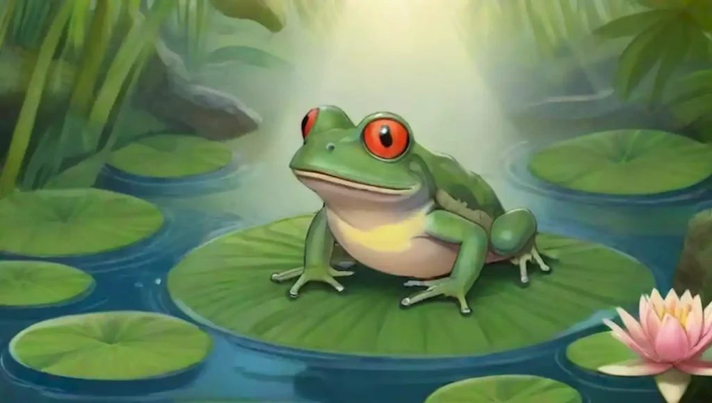 Rana colorida en un tranquilo estanque de una selva exuberante.