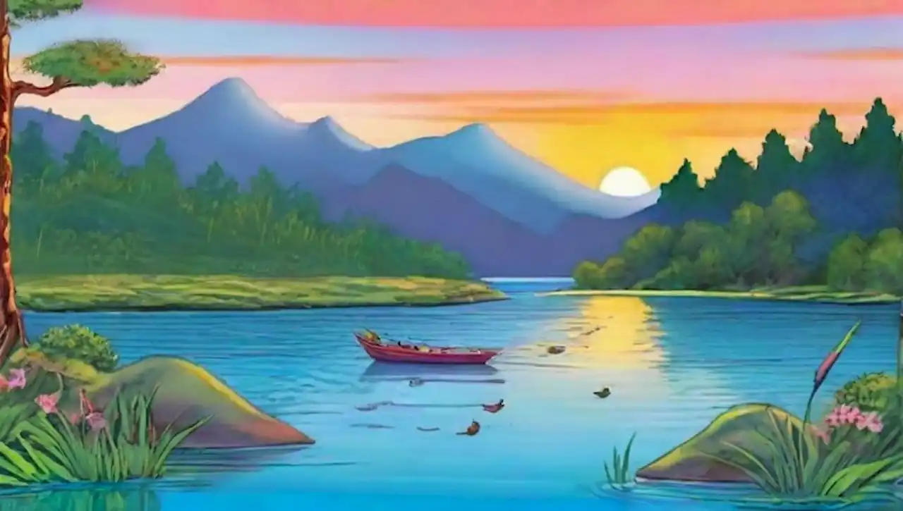 Laguna serena con aguas azules rodeada de vegetación, montañas y un atardecer vibrante.