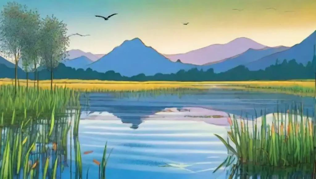 Un lago sereno al amanecer con reflejos vibrantes y suave vegetación.