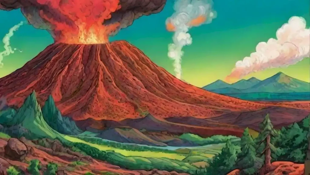 Paisaje verde con volcán humeante y fauna adaptándose.