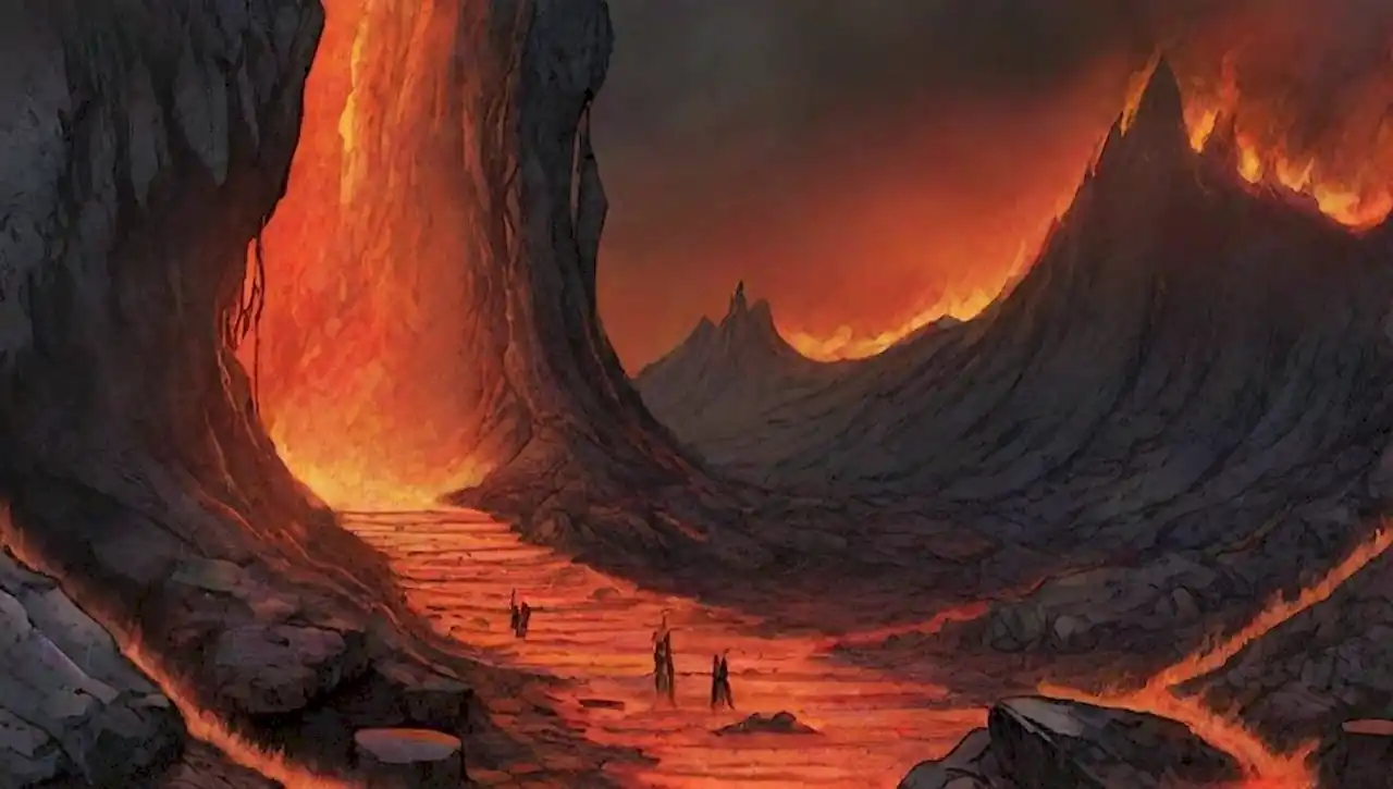 El infierno es un paisaje surrealista de lava, llamas y sombras ominosas.