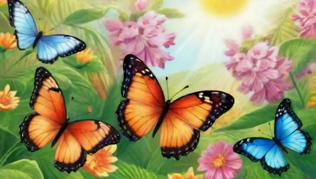 Mariposas coloridas revolotean en un jardín lleno de flores vibrantes y luz suave.