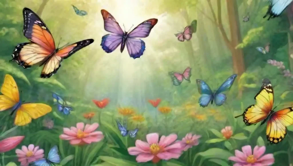 Un colorido jardín lleno de mariposas y flores bajo la luz del sol.