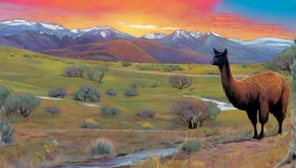 Paisajes coloridos de montañas argentinas con fauna diversa y llamas juguetonas.