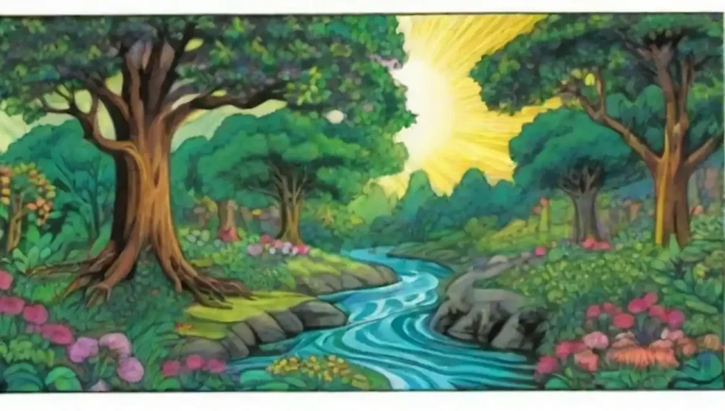 Un ecosistema vibrante y diverso en un bosque verde y armonioso.