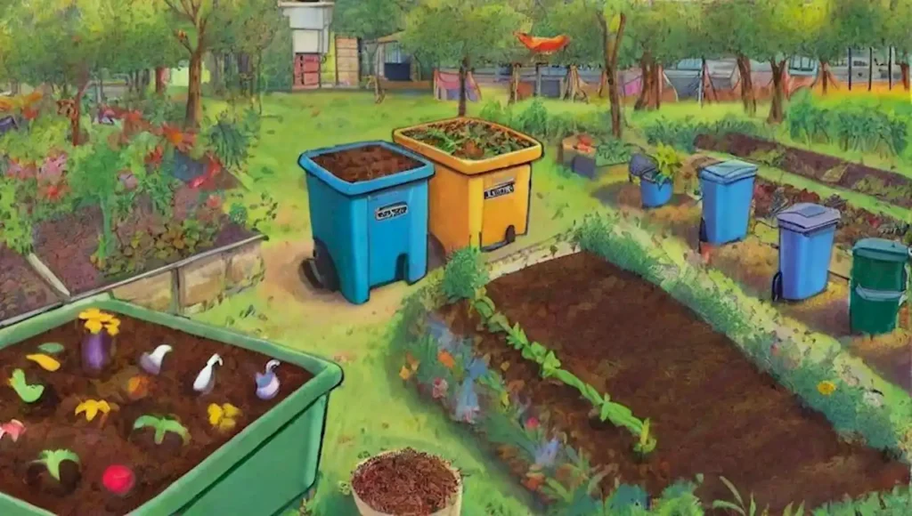 La comunidad prospera con compostaje y jardinería sostenible.
