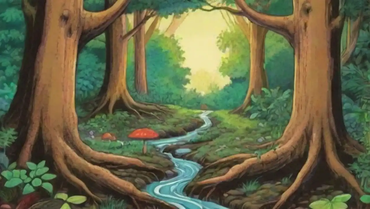 Un sereno bosque diverso con vida silvestre y un río suave.