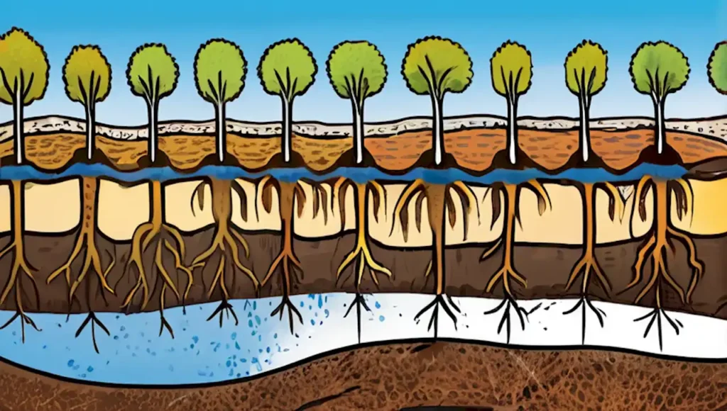 Ilustraciones educativas sobre sistemas de raíces y su función en la absorción de nutrientes y crecimiento de plantas.