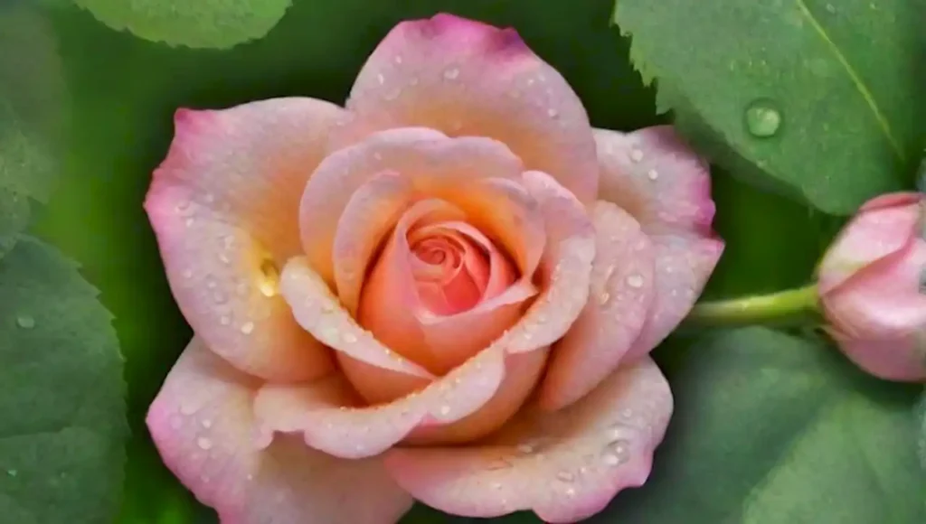 Pétalos de rosa delicados y hojas verdes en un jardín sereno.